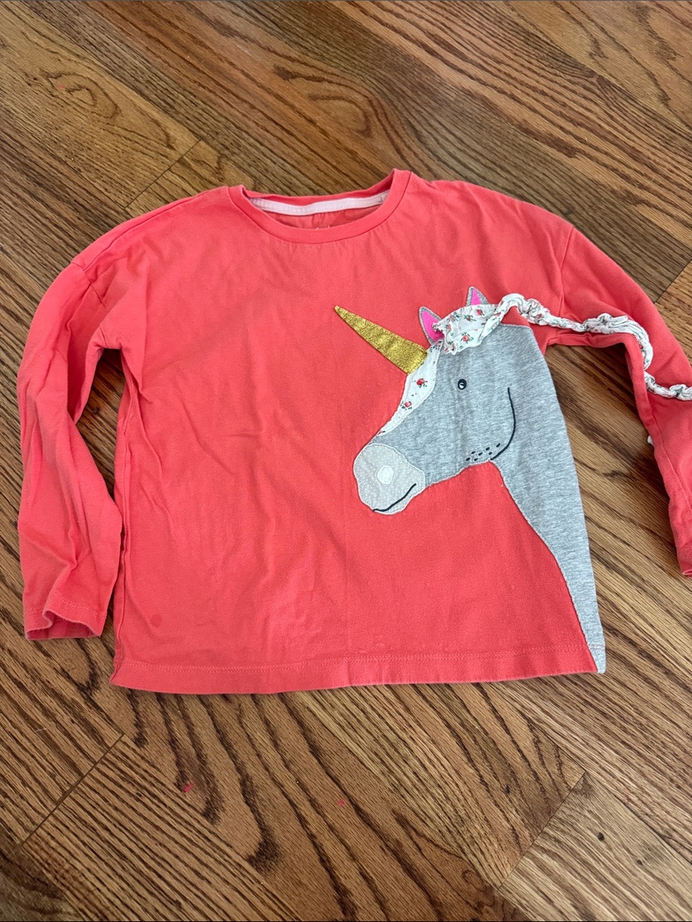 Mini Boden Coral Long-Sleeve Tee with Unicorn Applique, size 6-7y